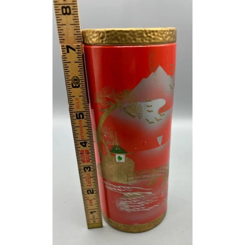 Vtg Norleans Japanese‎ Red Orange Gold Ceramic Vase Painted Landscape Design